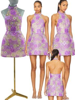 🆕 BRONX & BANCO 🧿 NWOT Deidre Floral Sequin Halter Mini Dress, Lilac Sz XS US2
